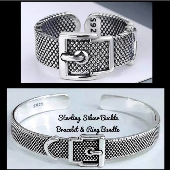 Sterling Silver Buckle Design Cuff Bracelet & Ring Bundle - Picture 1 of 8